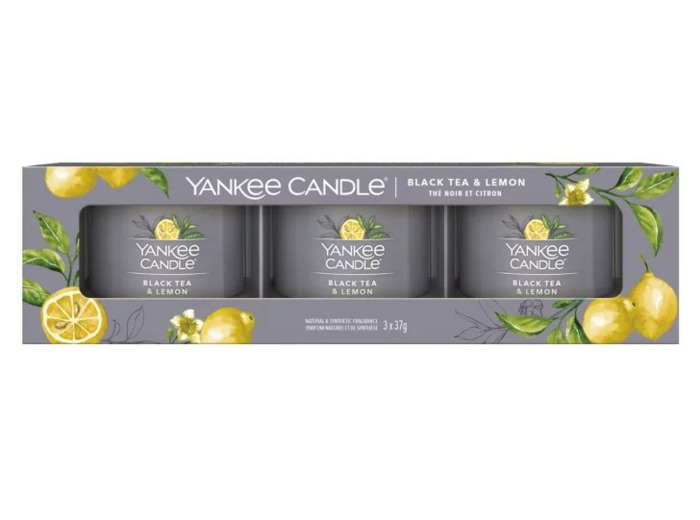 LOT DE 3 VOTIVES EN VERRE - THE NOIR ET CITRON