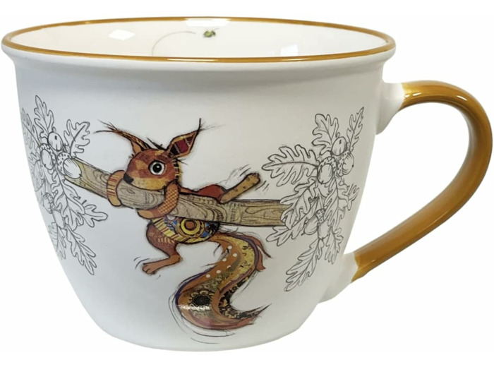 KIUB Bol timbale avec une anse - Motif ecureuil sur sa branche - matière porcelaine fine - contenance 550ML