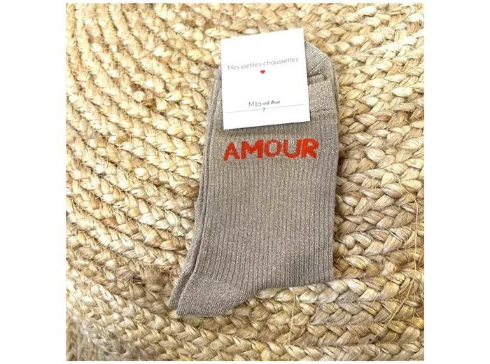 V329- Chaussettes paillettes "Amour" (taupe)