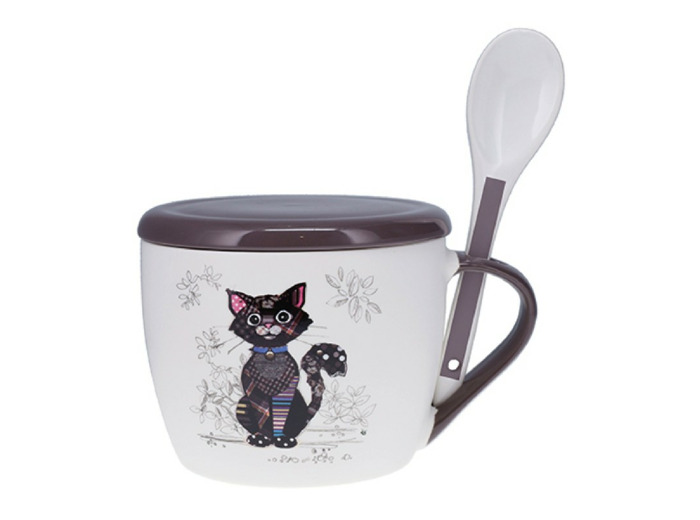 Bol à soupe avec couvercle et cuillère en porcelaine fine- motif chat noir