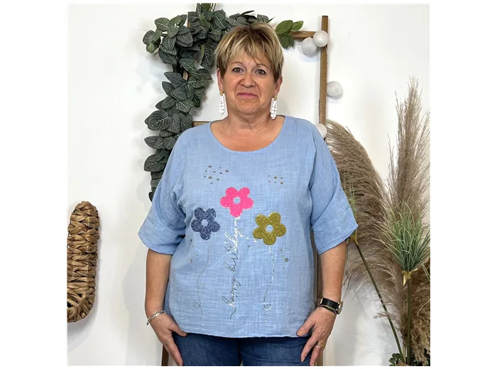 L467- Tunique 3 Fleurs Happy (Tu) 🇮🇹 (bleu ciel)
