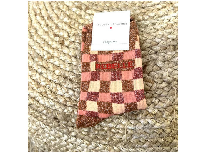 V323- Chaussettes paillettes "Rebelle" (corail)