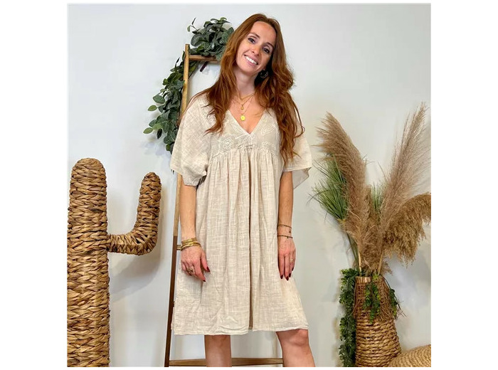 K145- Robe coton et broderie (Tu) 🇮🇹 (beige)