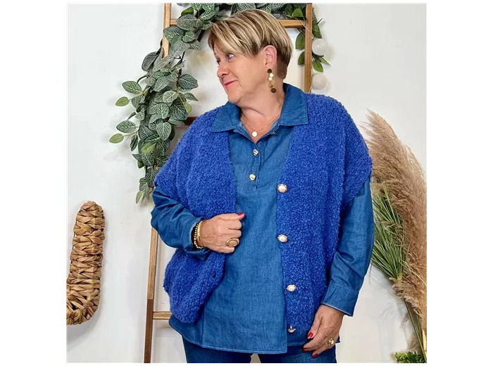 K128- Gilet bouclette sans manches (Tu) (bleu royal)