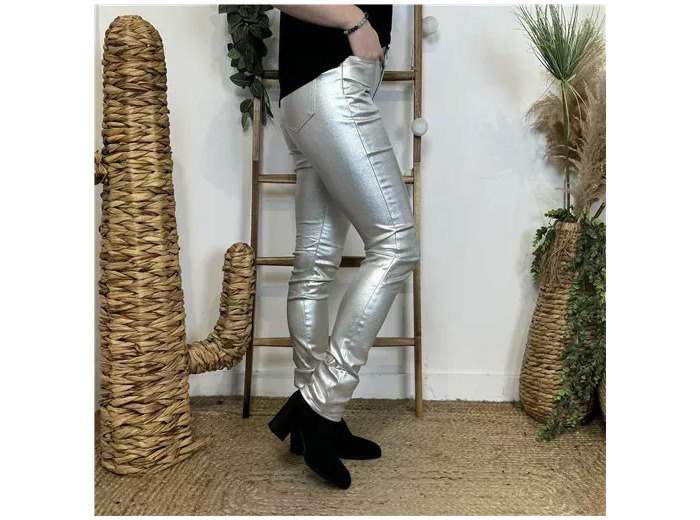 O504- Jean coupe slim Enduit (T36-T44) (argenté)