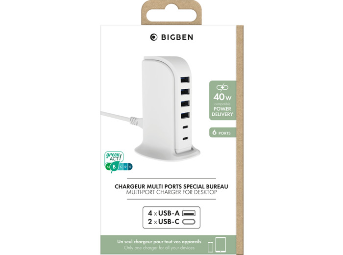 Bigben Chargeur maison multi ports 4 USB-A + 2 USB-C 40W Blanc