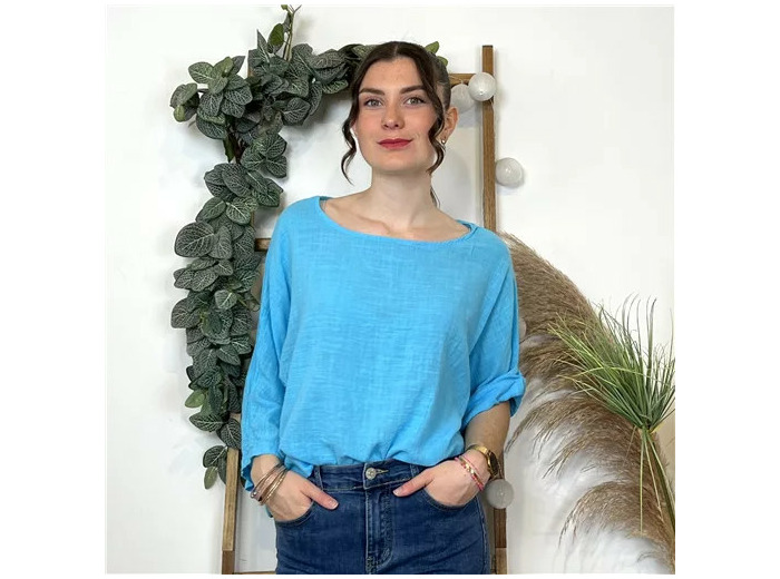 L038- Tunique coton / lin (Tu) 🇮🇹 (bleu turquoise)