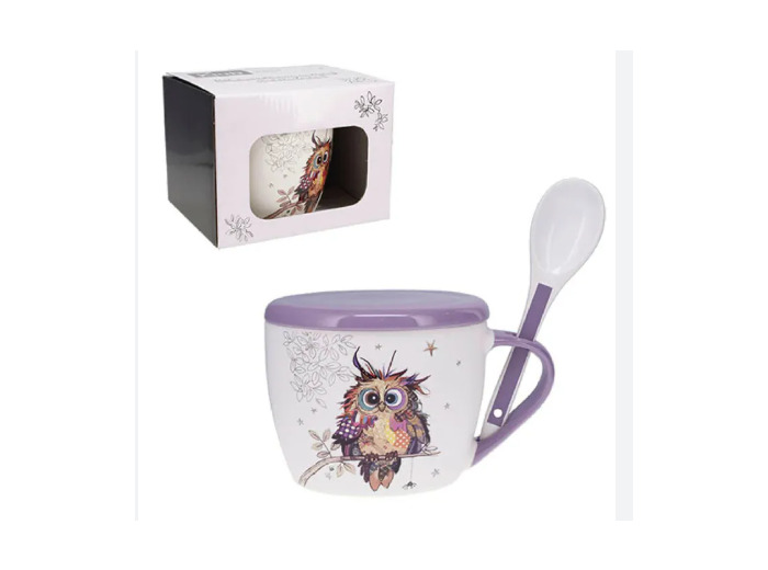 Bol à soupe avec couvercle et cuillère en porcelaine fine- motif chouette
