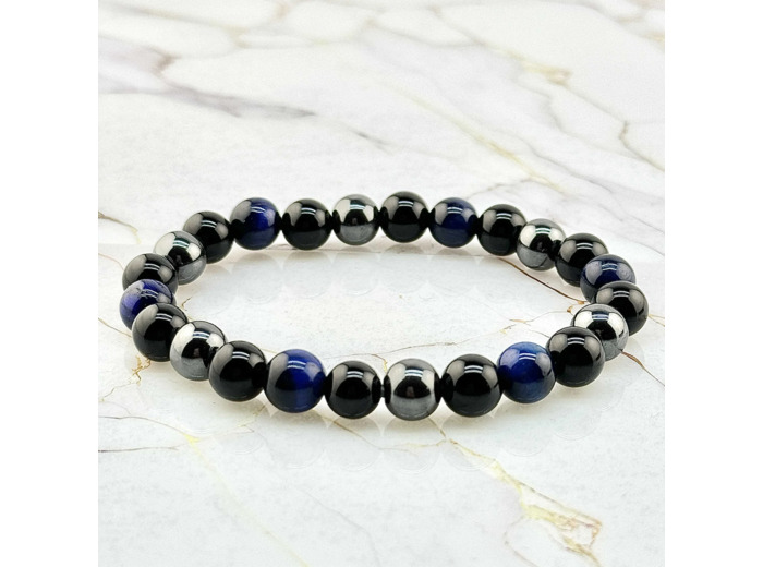 Bracelet "Triple Protection" en Oeil de Tigre bleu, Hématite et Obsidienne Noire