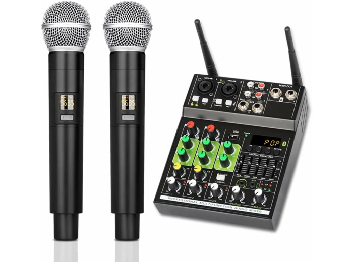 Gsrimgratoe Mélangeur audio 4 canaux avec 1 tirage 2 micros sans Console de mixage avec effet Bluetooth USB pour DJ karaoké PC Guitar