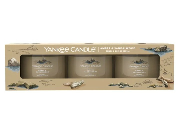 LOT DE 3 VOTIVES EN VERRE - AMBRE ET BOIS DE SANTAL