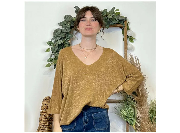 K052- Pull col en V Lurex (Tu) 🇮🇹 (camel)