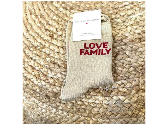 V327-Chaussettes paillettes "Love Family" (beige)