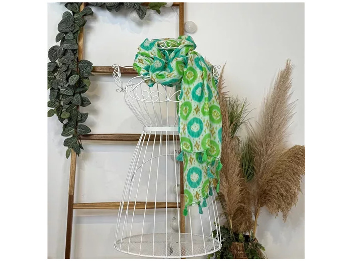 Y521- Foulard Ethnique Pompons (vert anis)