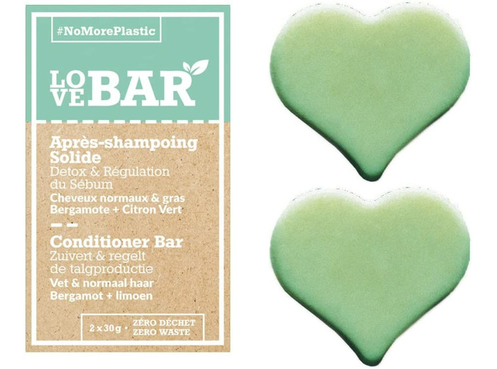 Love Bar - Après-Shampoing Solide Détoxifiant & Régulateur à la Bergamote et au Citron Vert - Cheveux Normaux et Gras (2 x 30 gr)