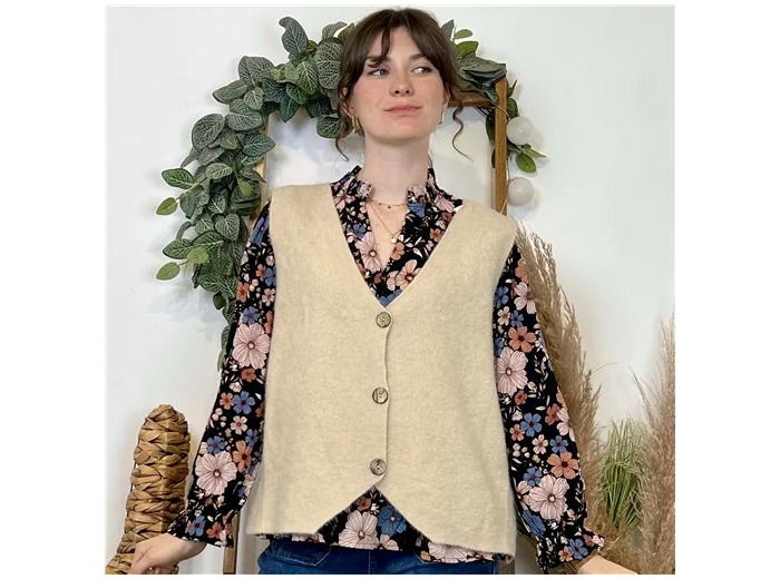 K043- Gilet sans manche en maille (Tu) (beige)