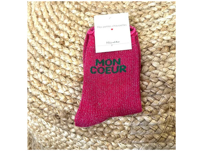 V325- Chaussettes paillettes "Mon Coeur" (fuchsia)