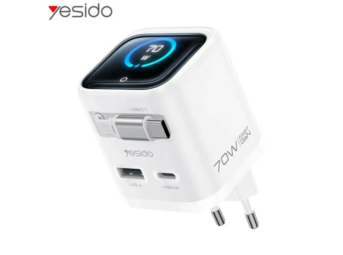 Yesido Chargeur Secteur avec Câble Rétractable & Affichage Digital