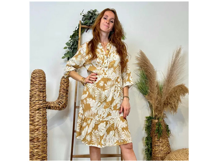 K151- Robe feuillages manches (Tu) 🇮🇹 (moutarde)