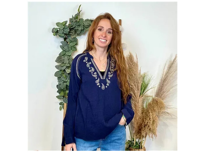 K789- Blouse Coton brodée (T36-T40) (marine)