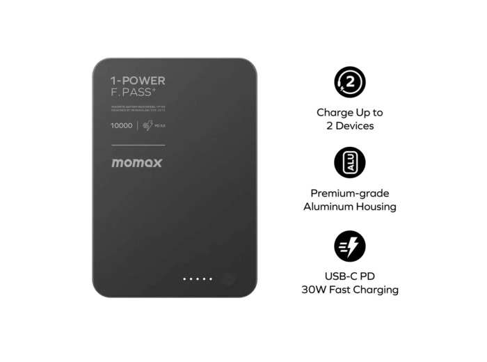 MOMAX Batterie externe magnétique 1-Power F.Pass+ 10000mAh avec câble USB-C intégré