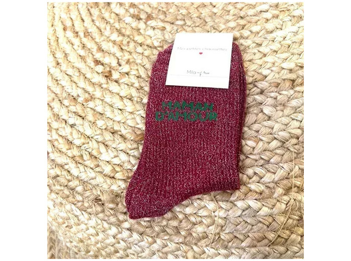V315- Chaussettes paillettes "Maman d'Amour" (bordeaux)
