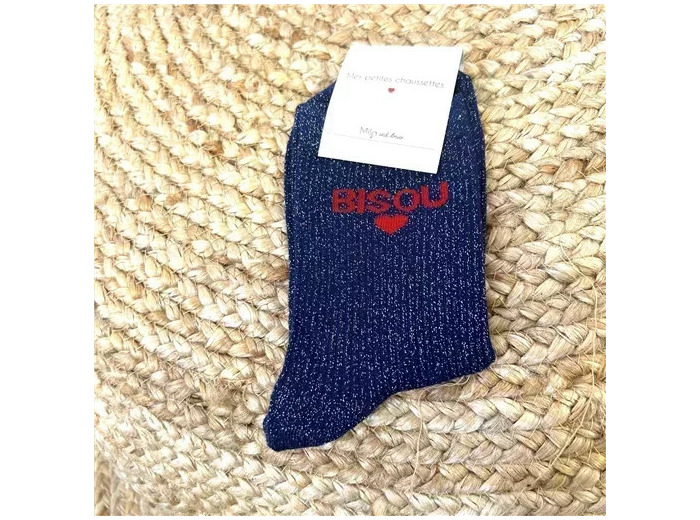 V317- Chaussettes paillettes "Bisou" (marine)
