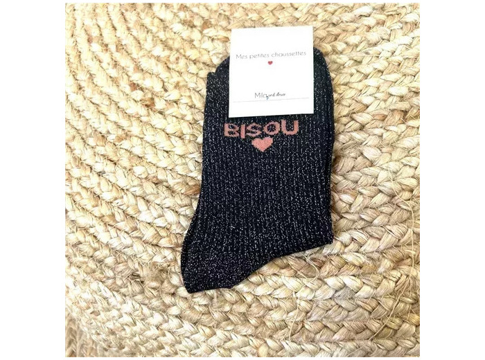 V317- Chaussettes paillettes "Bisou" (noir)
