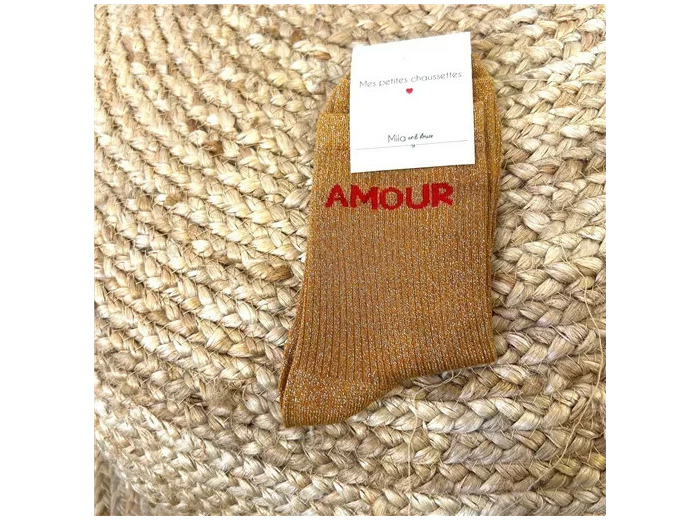 V329- Chaussettes paillettes "Amour" (moutarde)