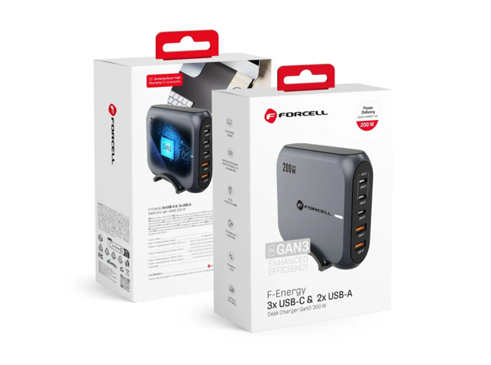 FORCELL F-ENERGY Chargeur de bureau multi-ports 3x USB-C + 2x USB-A 200W avec câble secteur