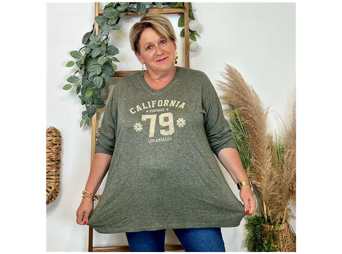 Z137- Pull femme grande taille motif doré Californie 79 (kaki)
