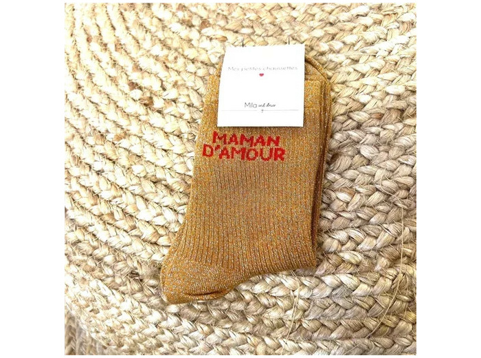 V315- Chaussettes paillettes "Maman d'Amour" (moutarde)