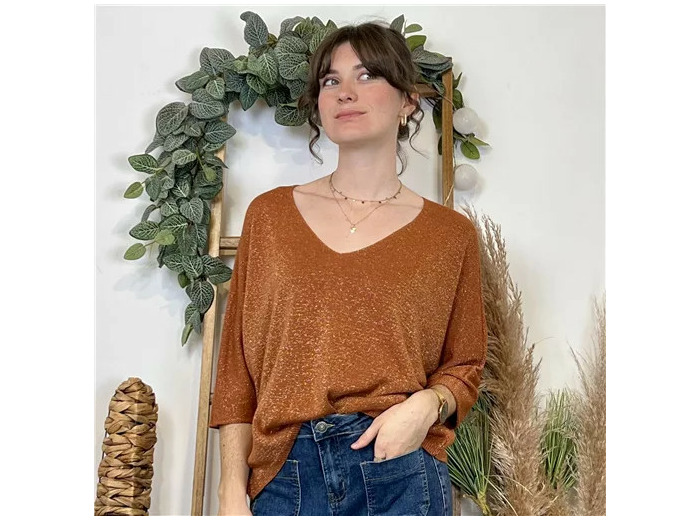 K052- Pull col en V Lurex (Tu) 🇮🇹 (rouille)