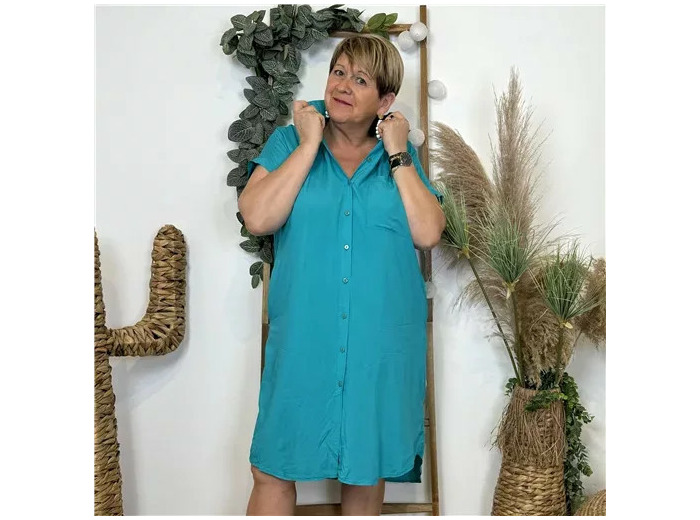 L191- Robe-Chemise unie Christy (T44-T52) (bleu turquoise)
