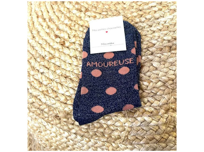 V313- Chaussettes paillettes "Amoureuse" (marine)