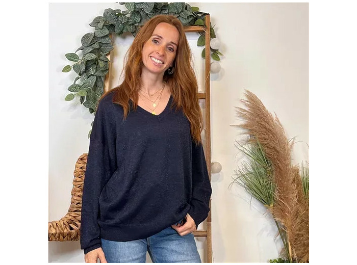 K088- Pull col en V Lurex Version Féminin (marine)