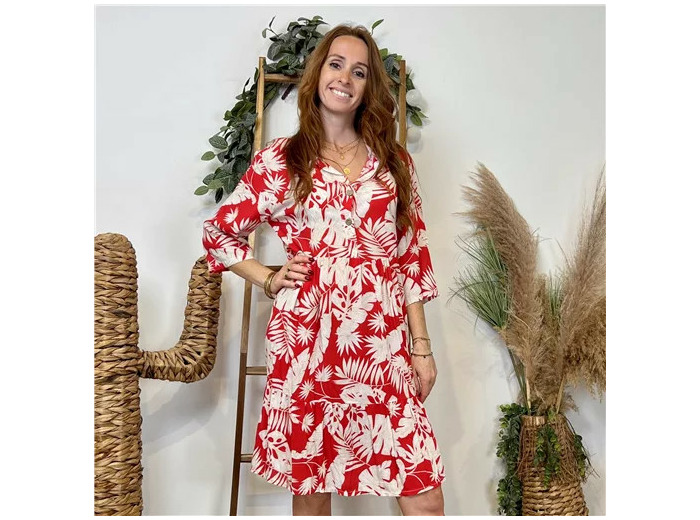 K151- Robe feuillages manches (Tu) 🇮🇹 (rouge)
