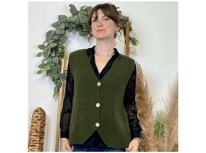 K043- Gilet sans manche en maille (Tu) (kaki)