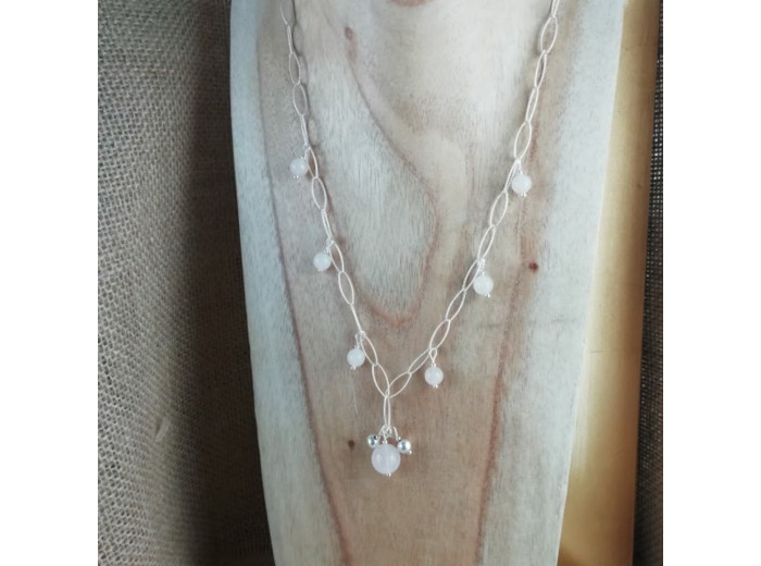 Collier Argent Quartz rose