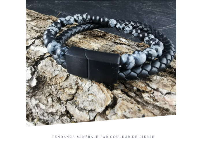 Bracelet Homme Cuir Double Obsidienne neige