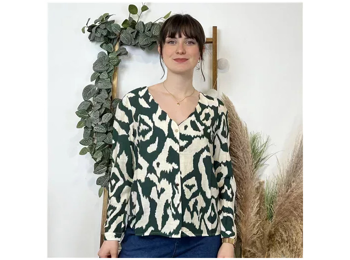 K610- Chemise col V imprimée (T36-T40) (vert sapin)
