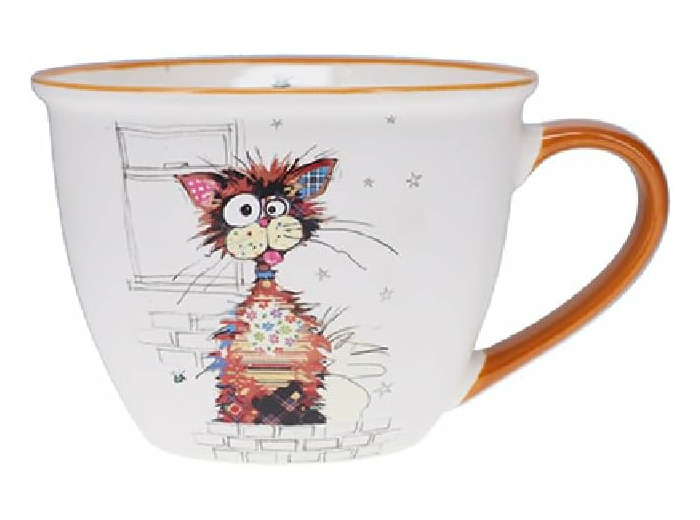 KIUB Bol timbale avec une anse - Motif grand chat marron stylisé nommé Ziggy- matière porcelaine fine - contenance 550ML