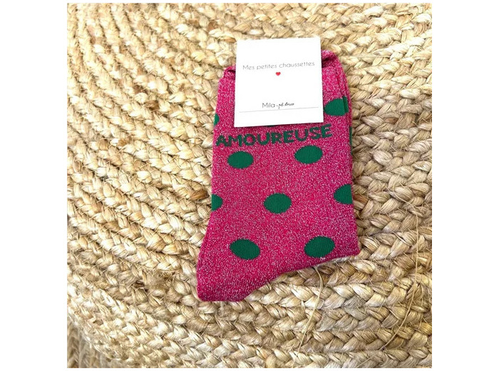 V313- Chaussettes paillettes "Amoureuse" (fuchsia)