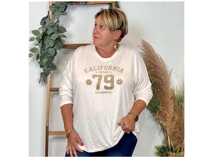 Z137- Pull femme grande taille motif doré Californie 79 (ecru)