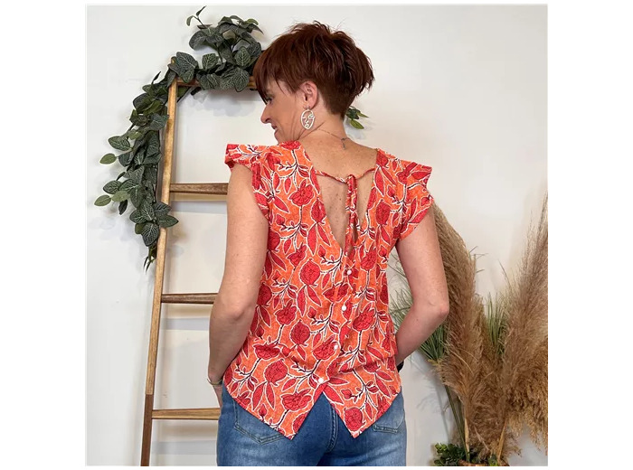 K264- Top Coquelicots dos boutonné (T36-T40) (corail)