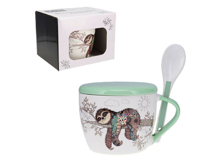Bol à soupe avec couvercle et cuillère en porcelaine fine- motif paresseux