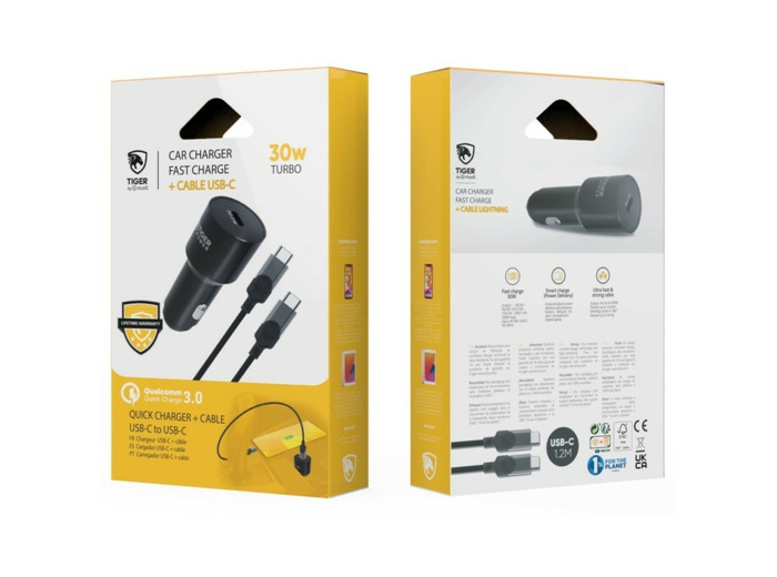 TIGER POWER PACK CHARGEUR VOITURE PD 30W + CABLE USB-C/USB-C 1,2M