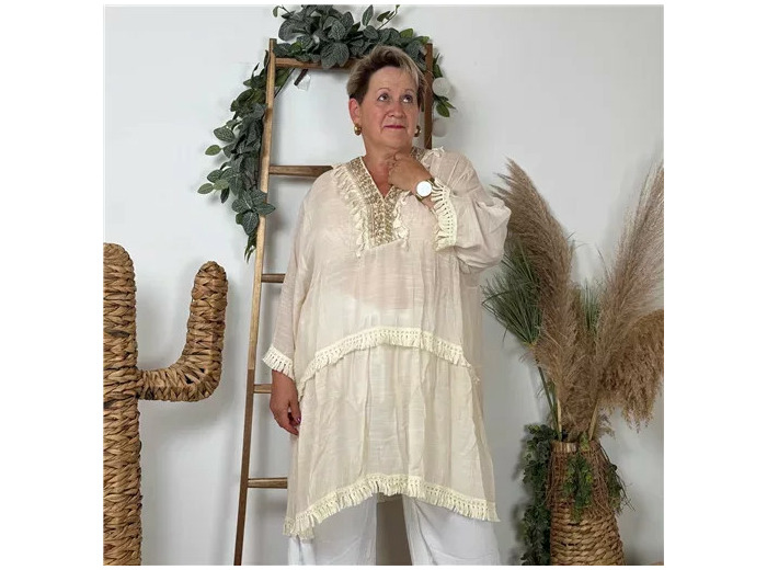 Z302- Robe tunique de plage Bohême (beige)