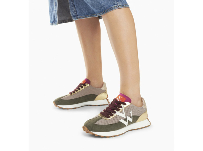 Baskets monogramme beige et kaki à semelle running - Faustine - Vanessa Wu