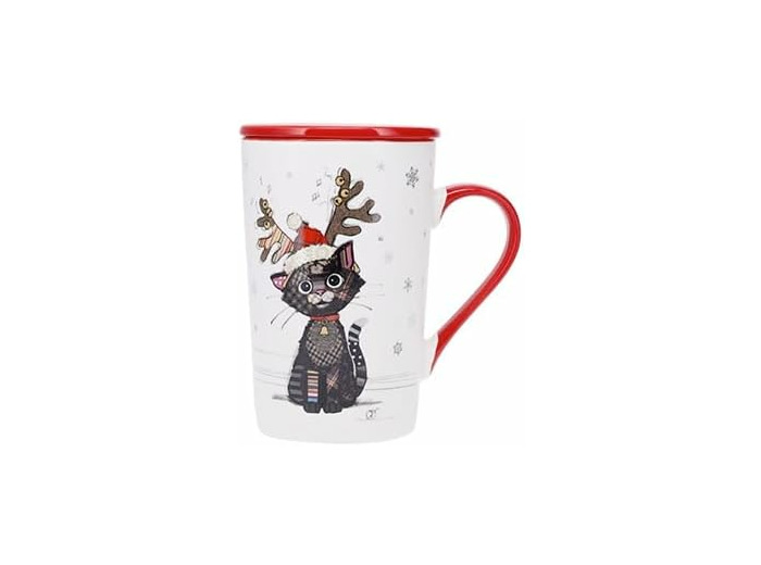 KIUB Grand mug NOEL avec couvercle - motif chat noir etant Noel - matière porcelaine fine - contenance 400ML
